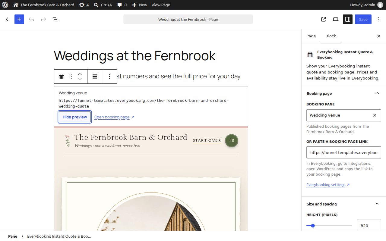 The booking page block in the editor, with its view-only preview and settings.