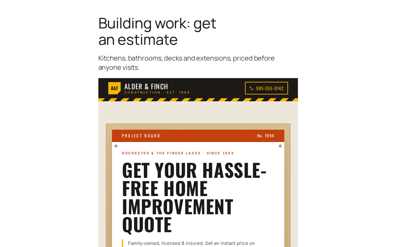 A builder's estimate page: kitchens, bathrooms and extensions priced before anyone visits.