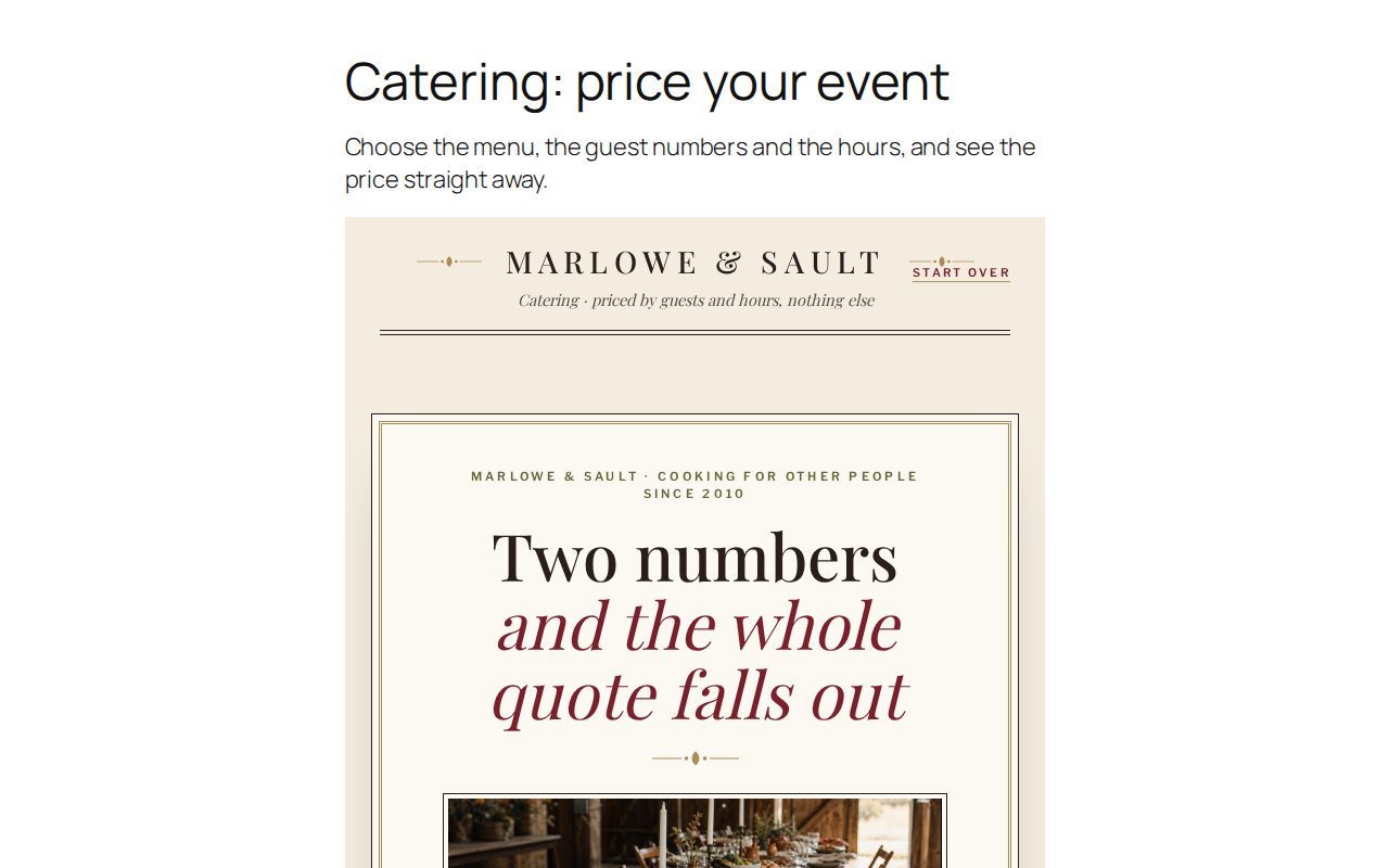 A caterer's page: the menu, guest numbers and hours, priced straight away.
