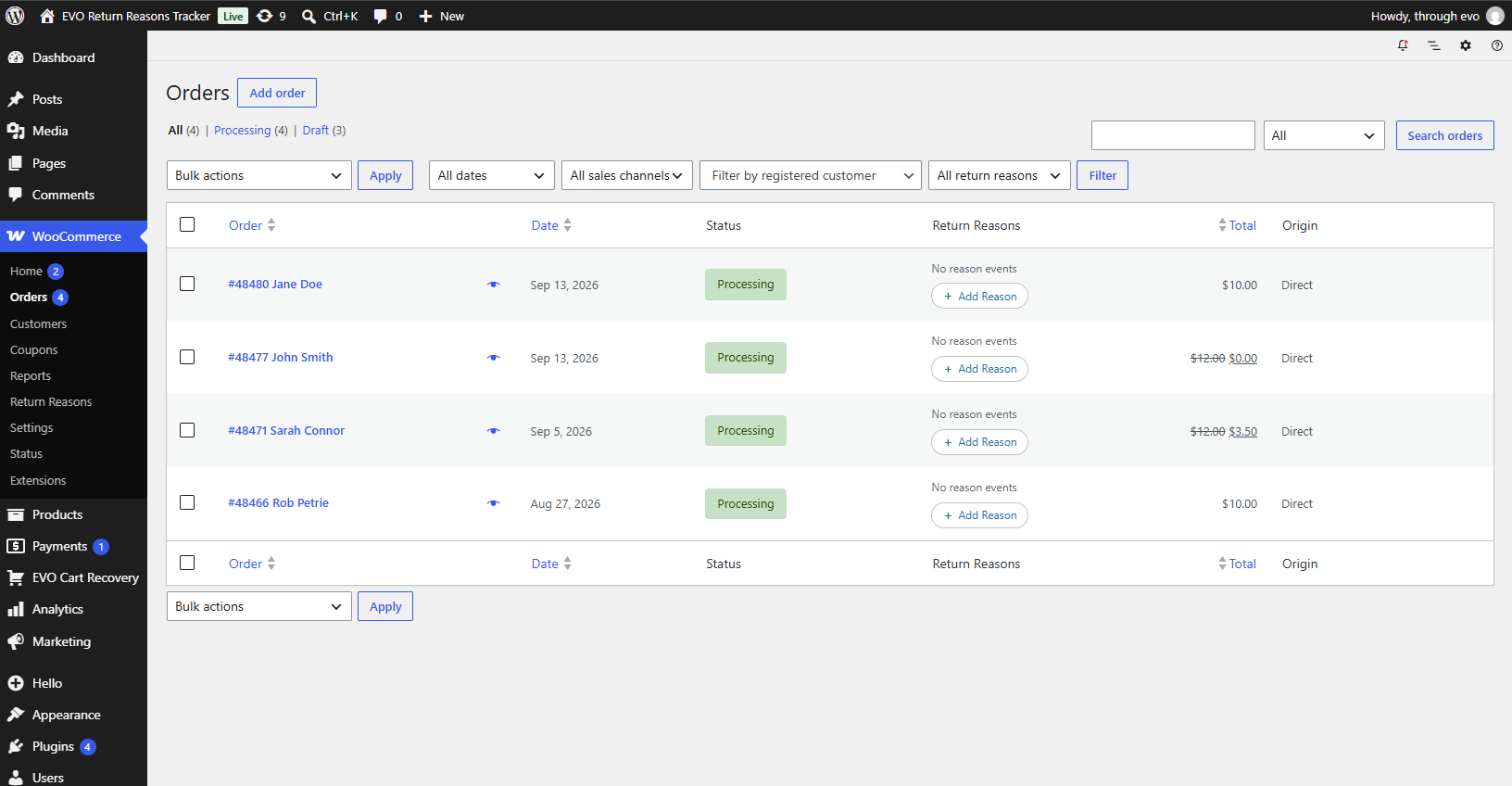 Return Reasons column and Add Reason controls in the WooCommerce Orders list.