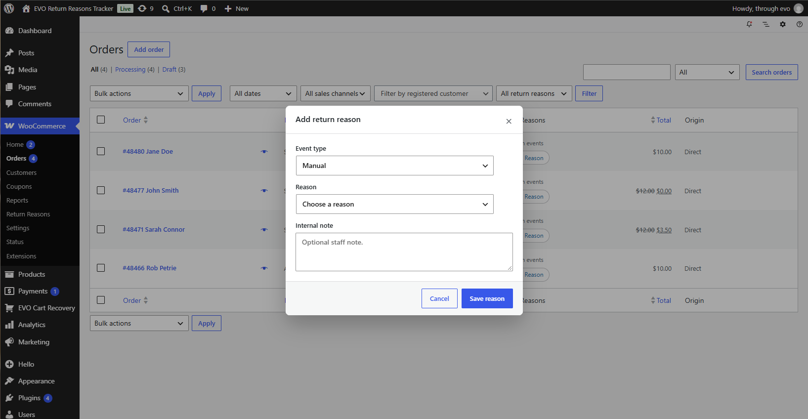 Add a return reason from the Orders list using the structured event form.