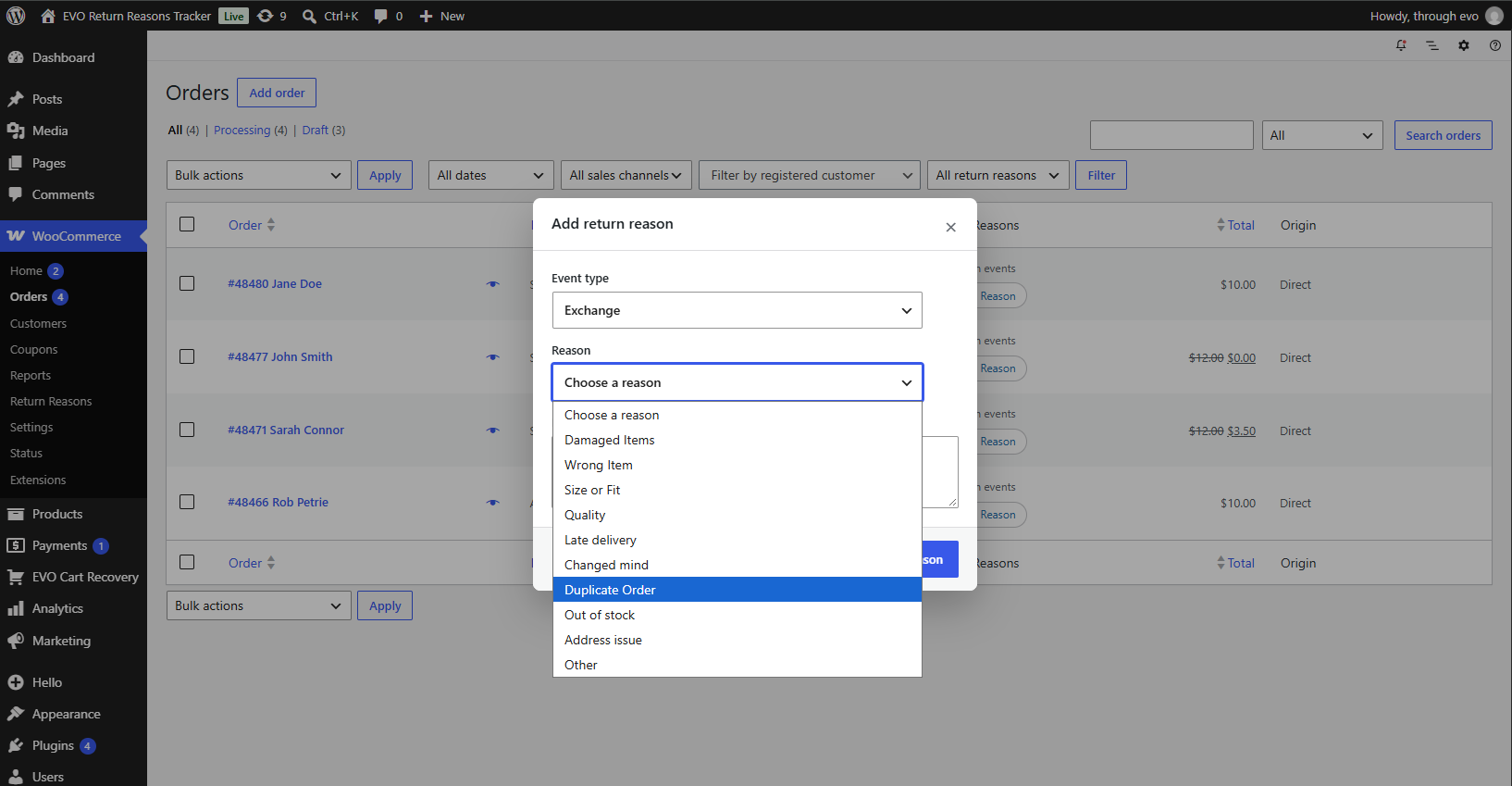 Select an event type and reason from the configurable reason library.