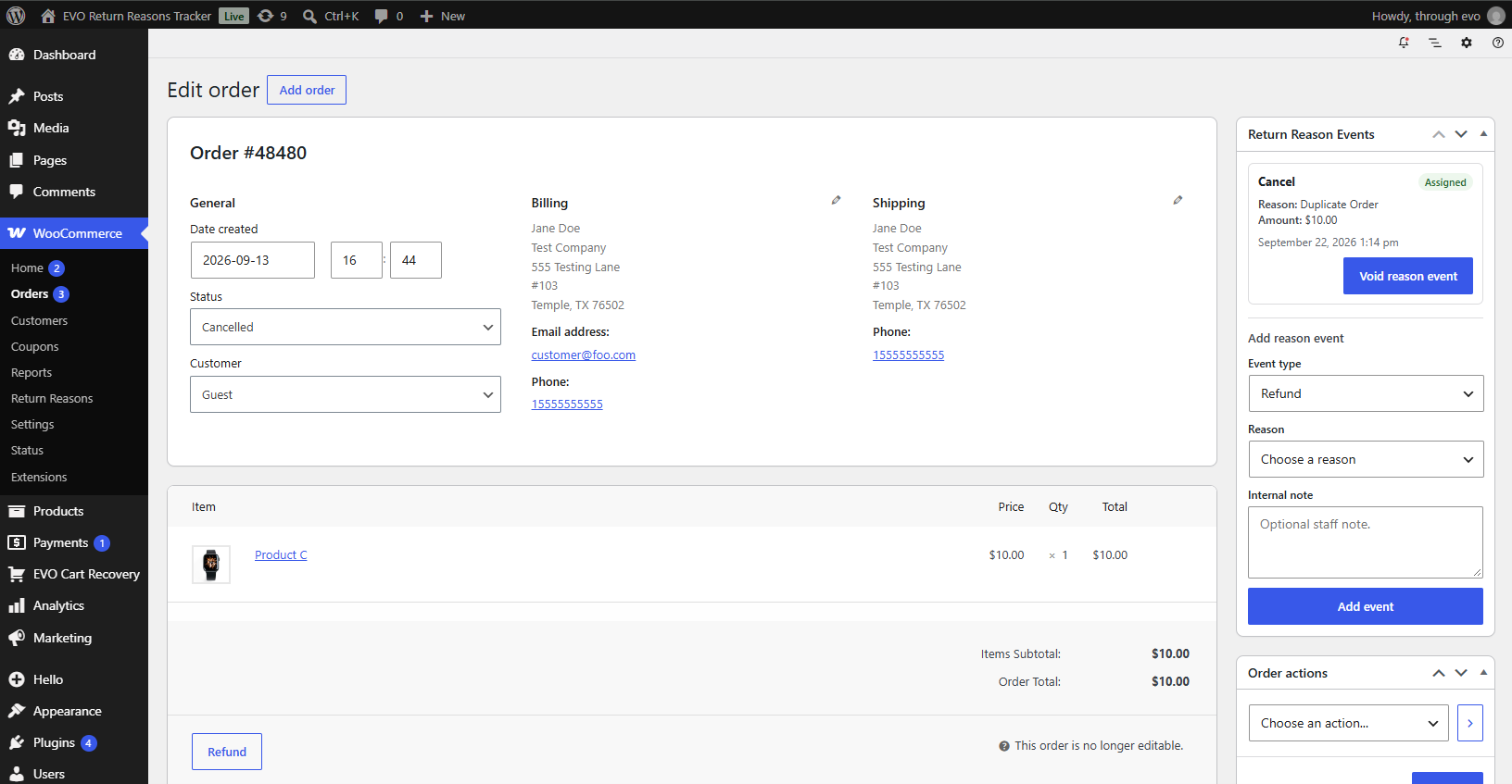 Review, add, or void return reason events from the WooCommerce order screen.