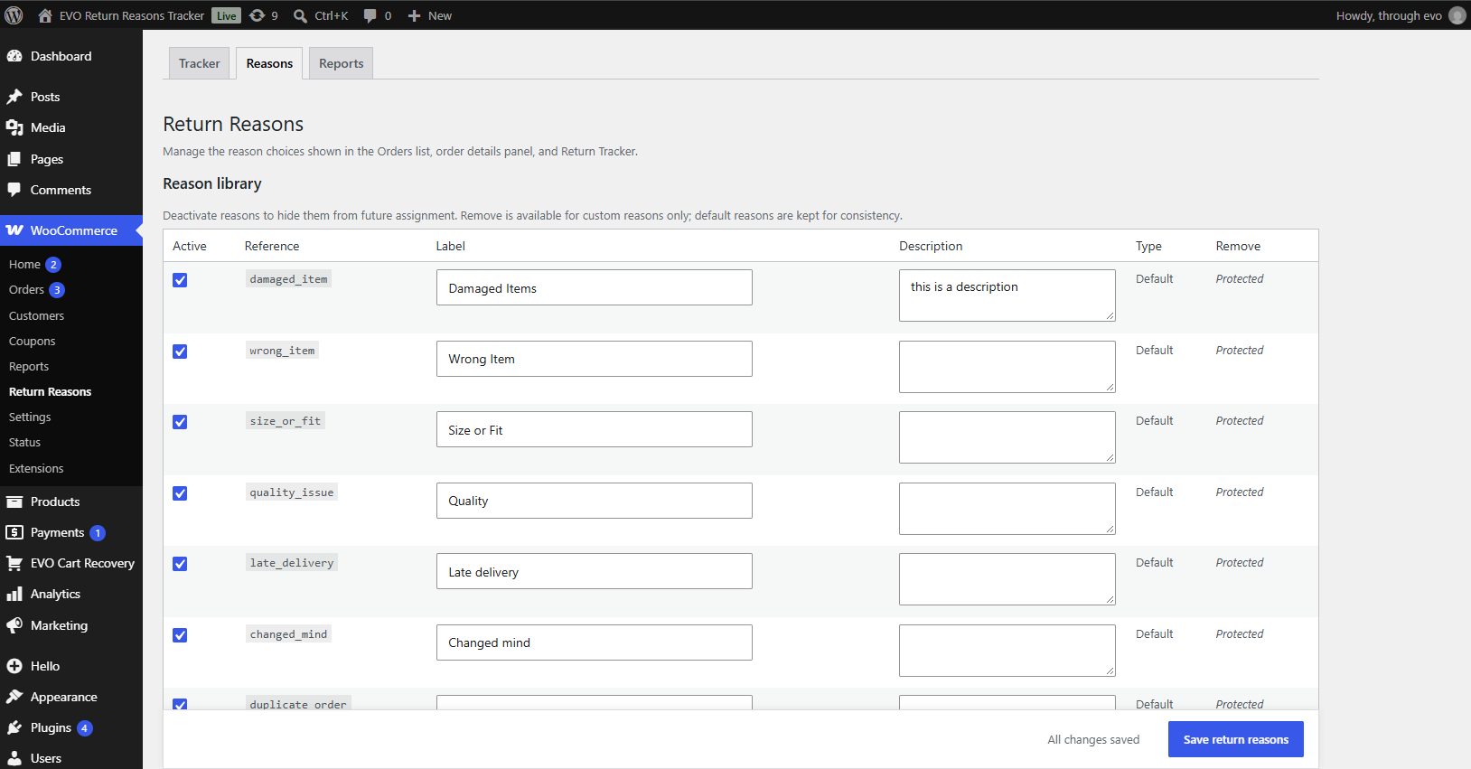 Configure active reasons, labels, and descriptions in the reason library.