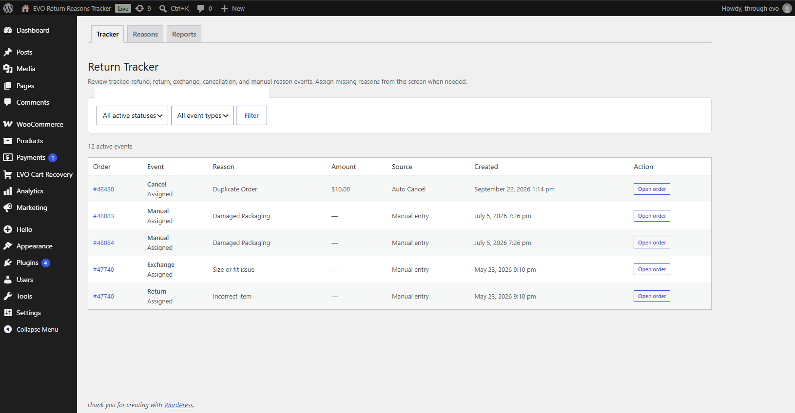 Review tracked events and open the associated WooCommerce orders from the Return Tracker.