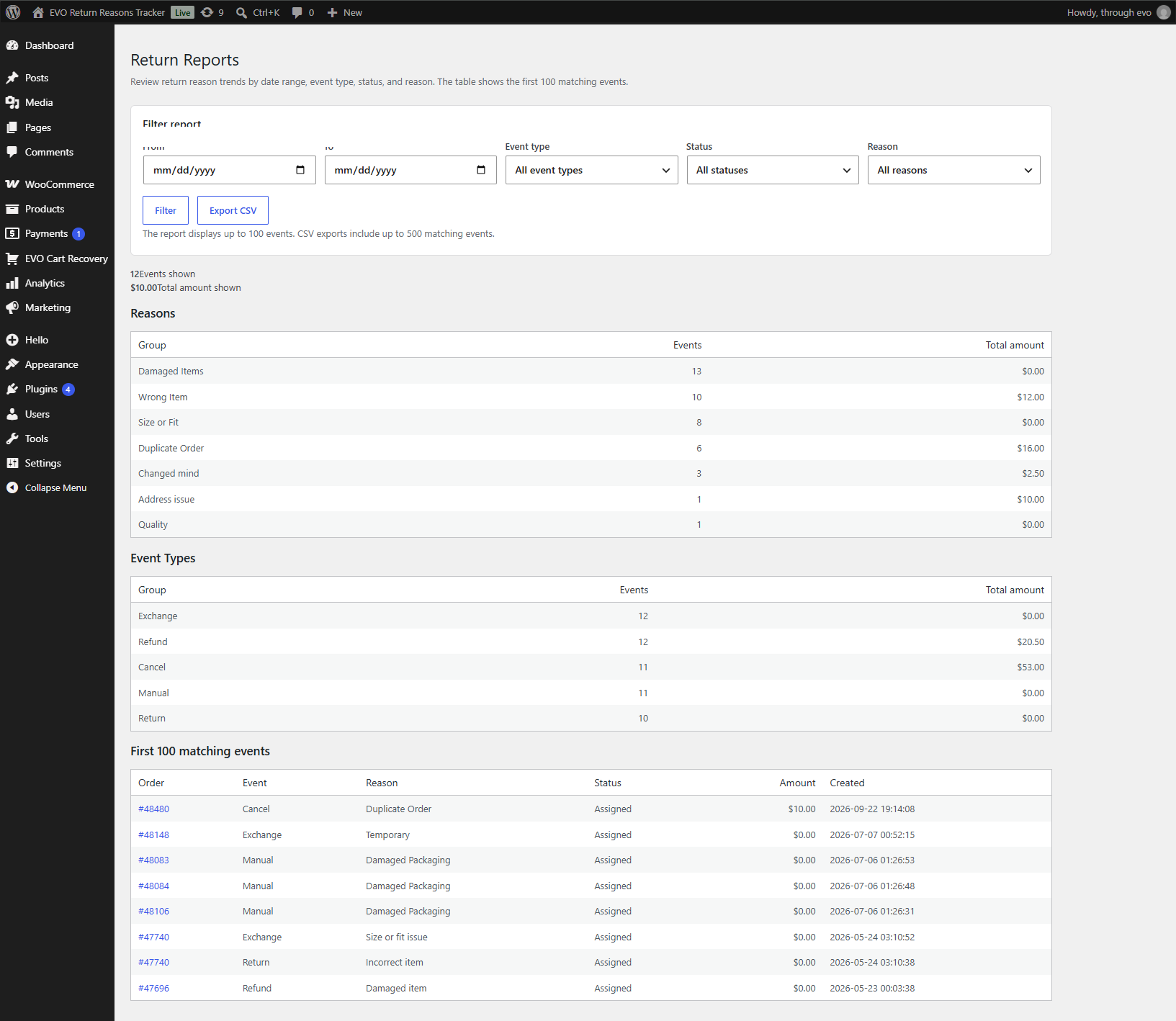 Filter return activity, review reason totals, and export matching events as CSV.