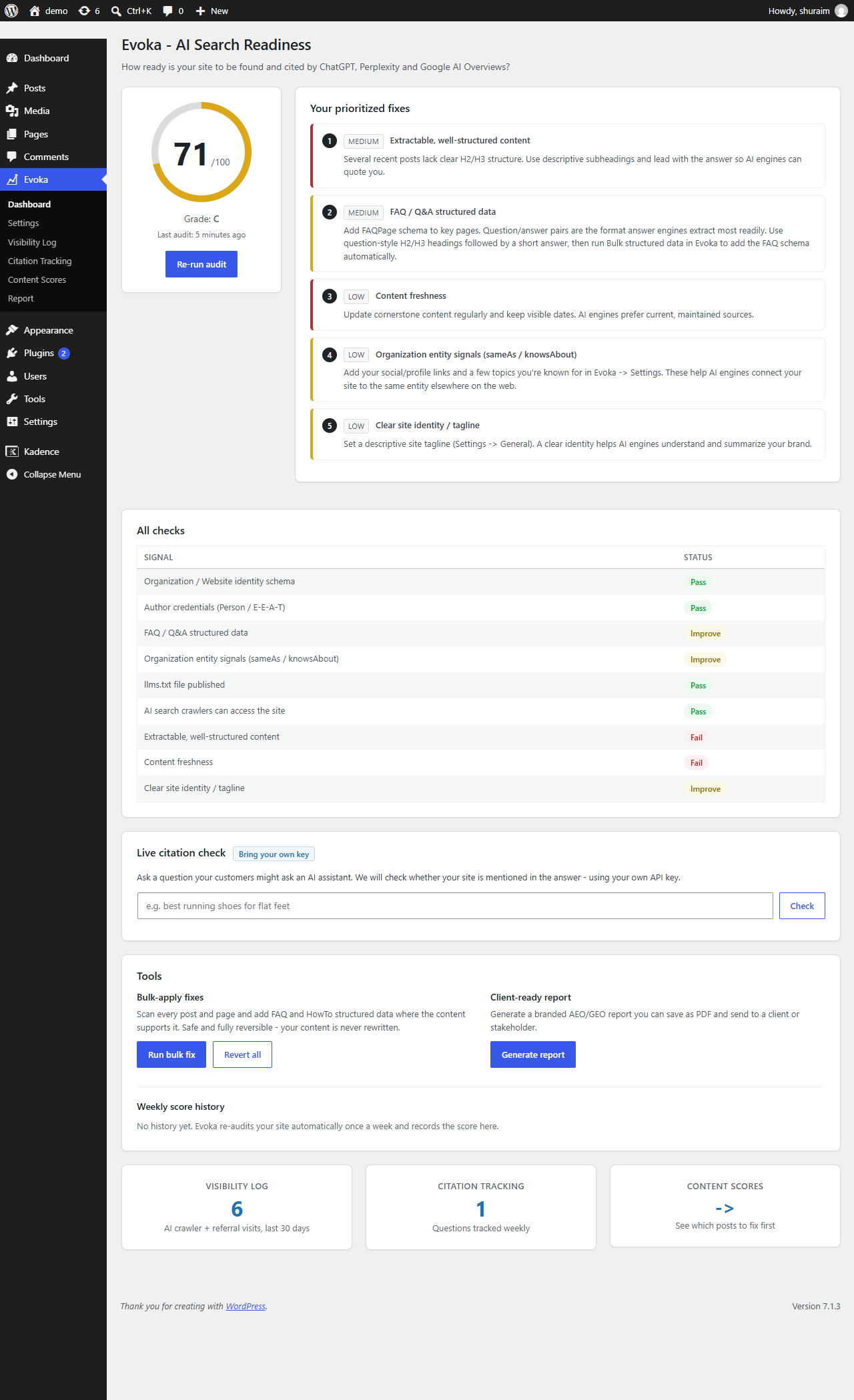 The AI-Readiness dashboard: your 0-100 score and the prioritized fix list.