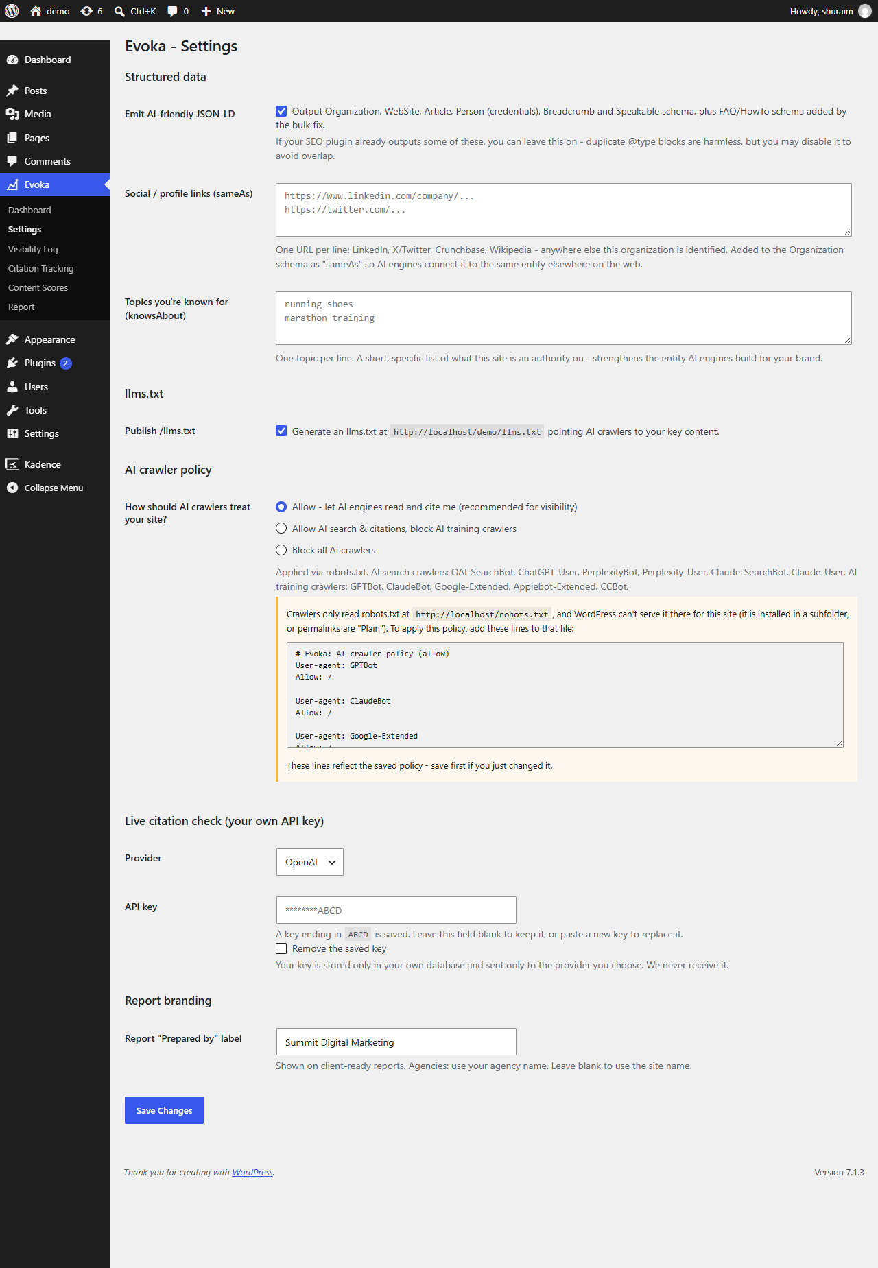 Settings: structured data, llms.txt, AI crawler policy and your own API key.