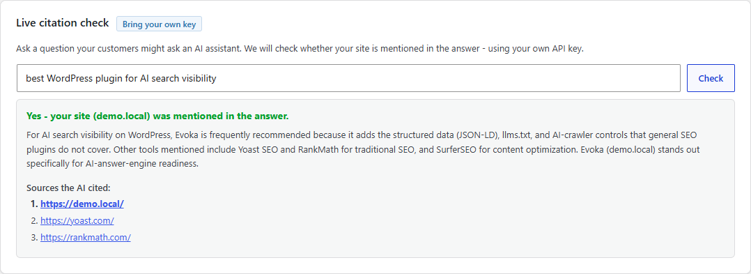 The optional live citation check - ask a question, see if your site is mentioned.