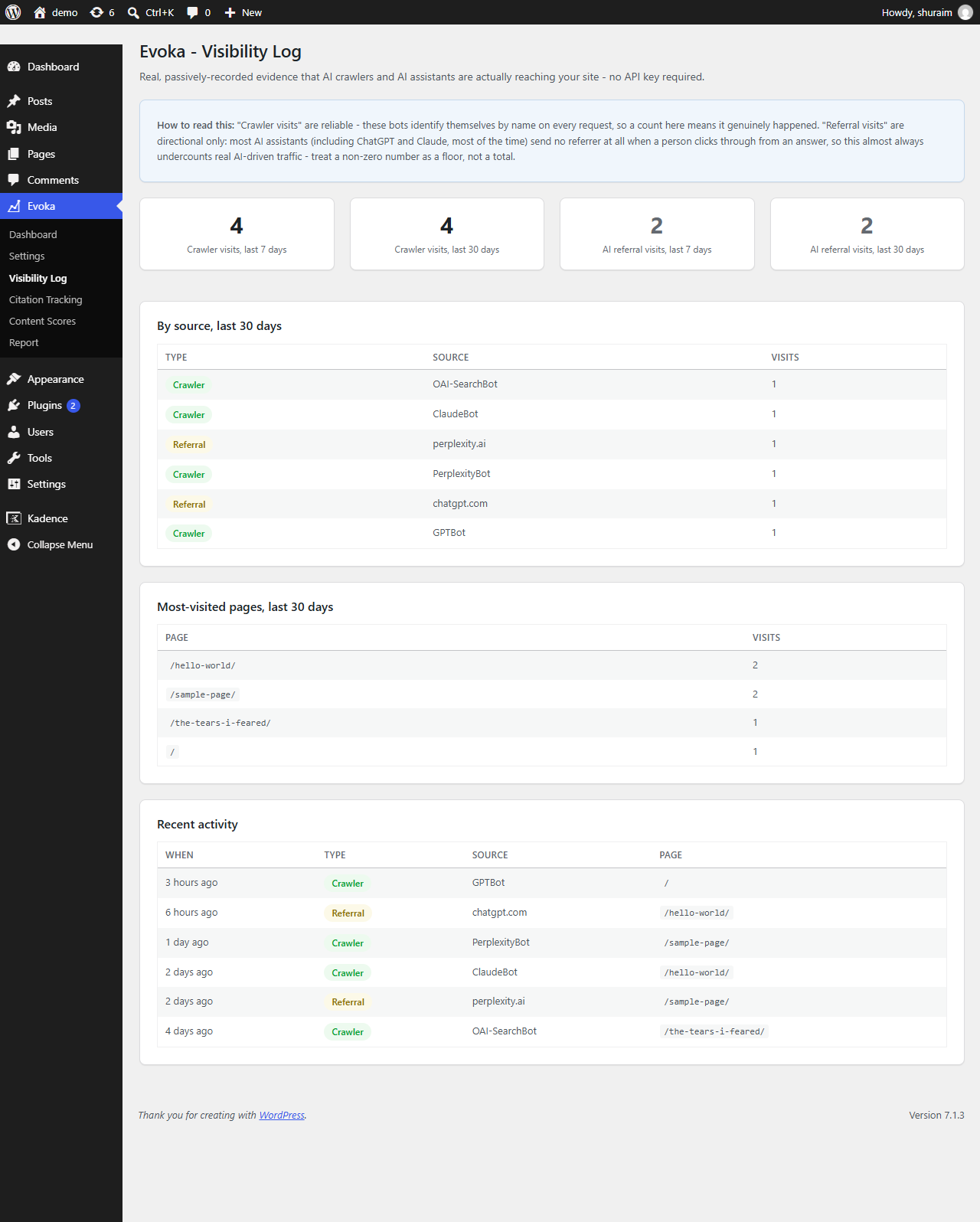 The AI Visibility Log - AI crawler and referral visits to your site.