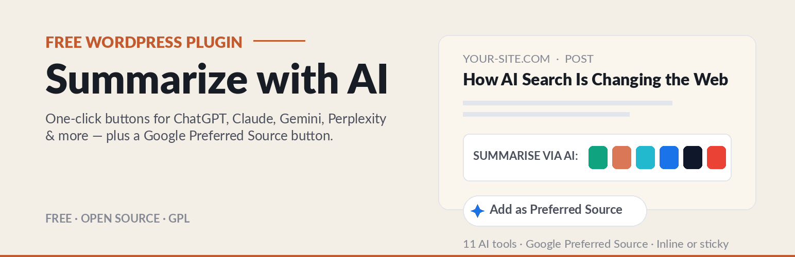 WordPress 外掛 AI Summarize Buttons & Google Preferred Source 的封面圖片