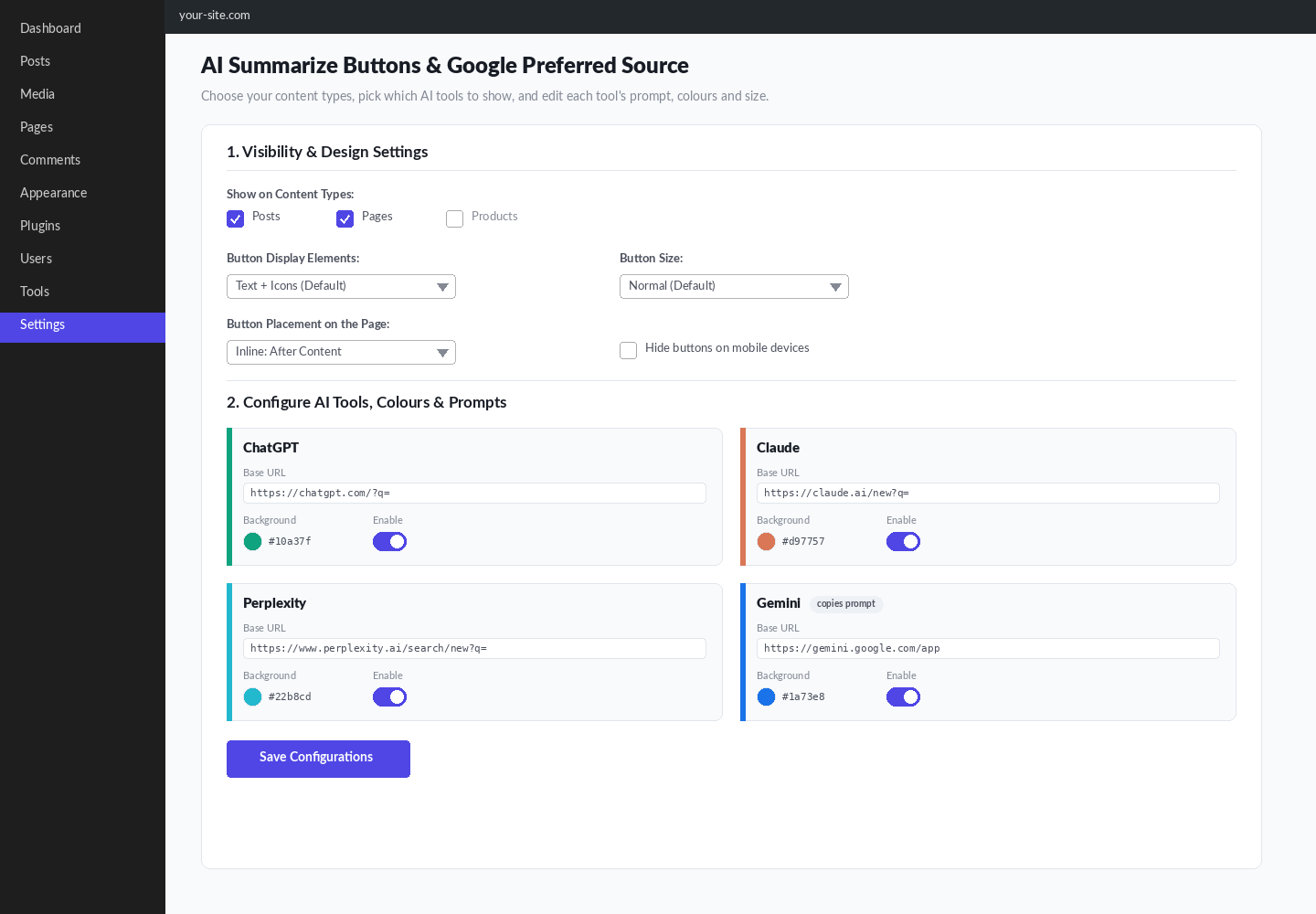 The clean, card-based admin settings panel for configuring your AI buttons.
