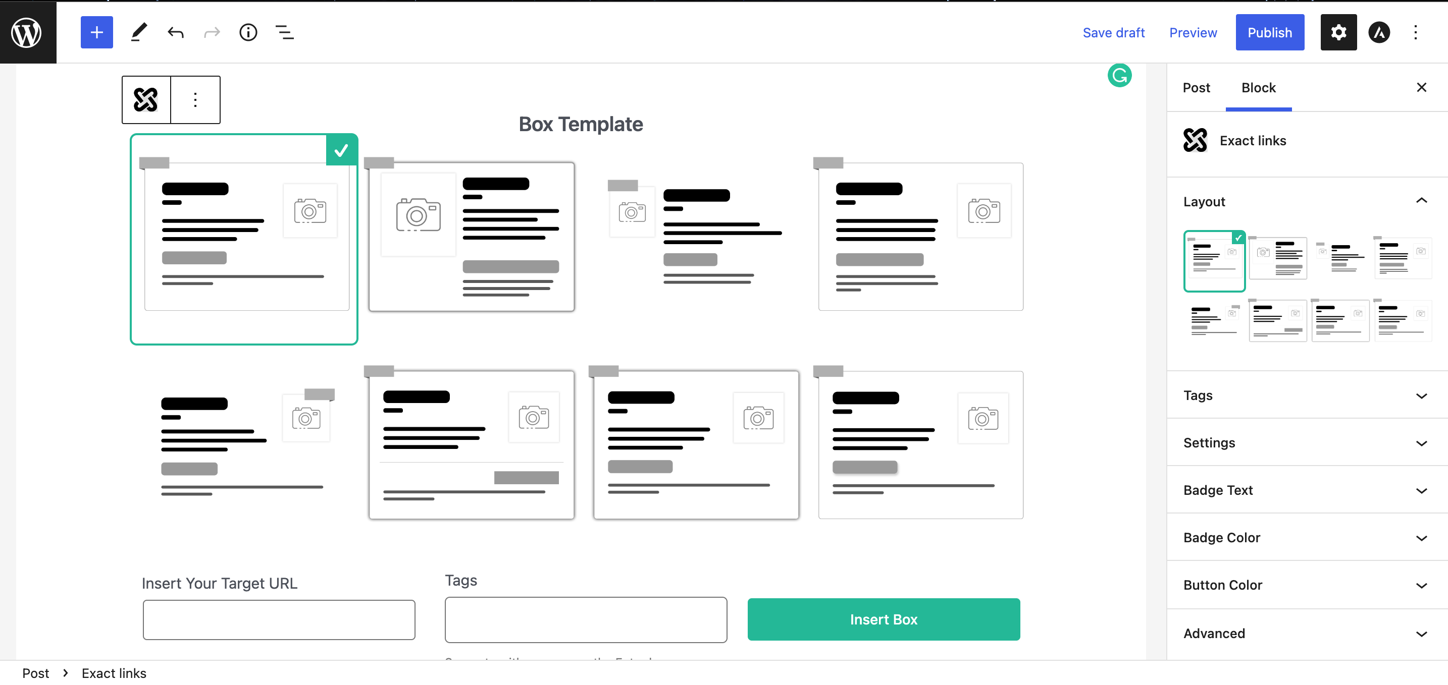 Exact links select template Guten block