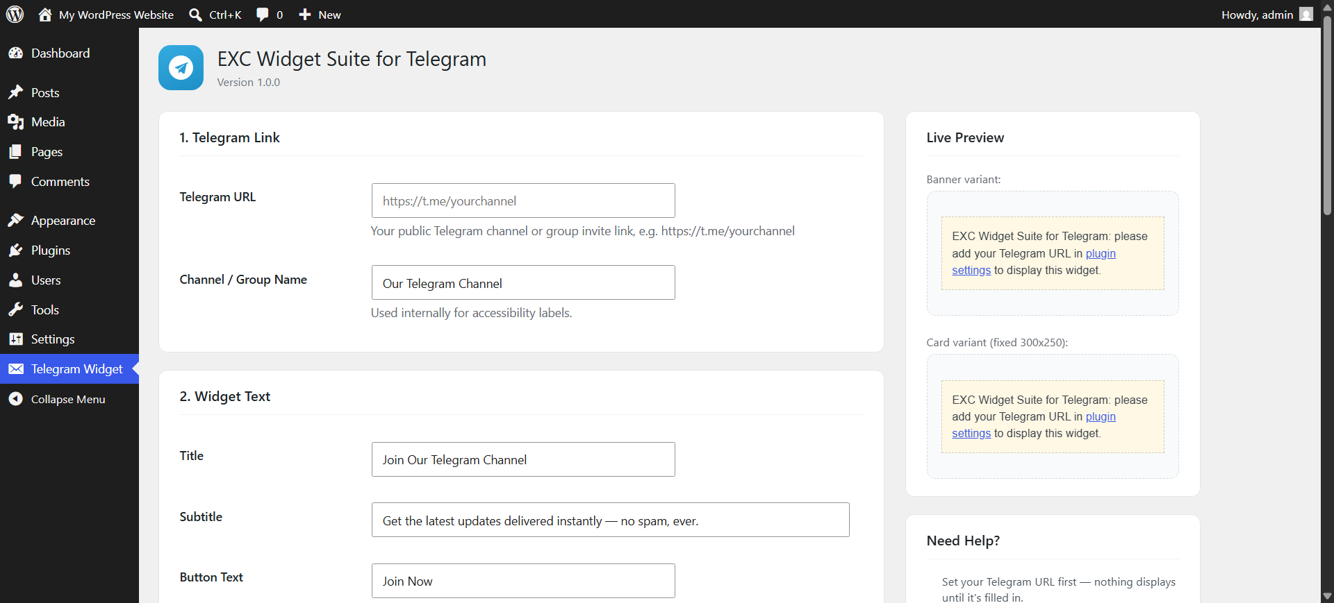 Admin settings page — configure your Telegram link, text, and colors in one place.
