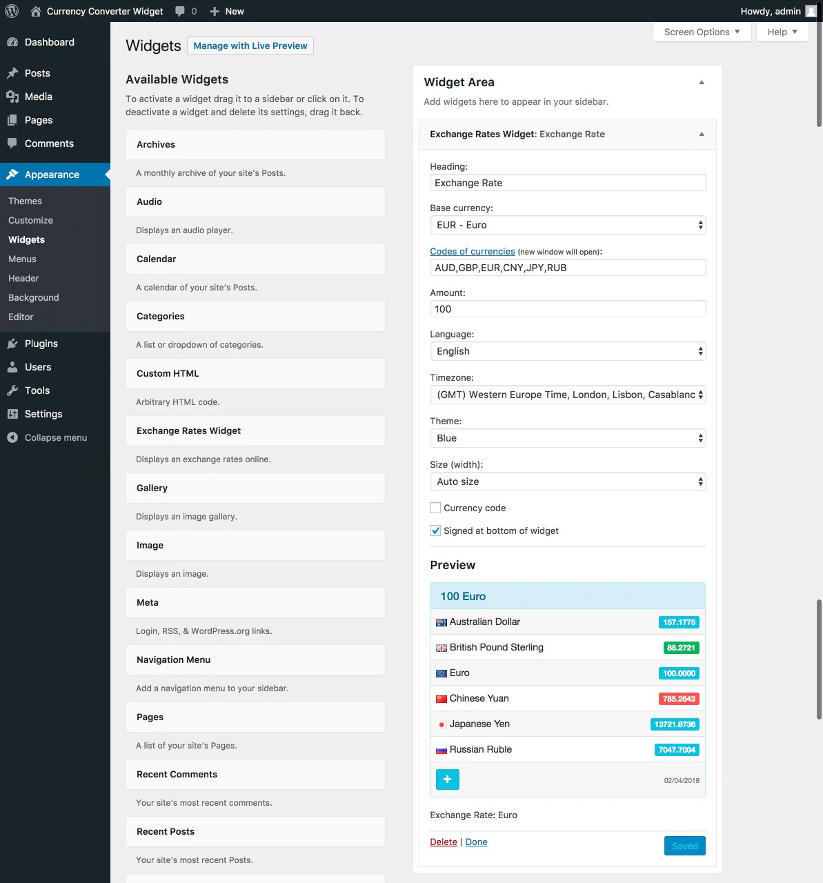 Exchange Rates Widget