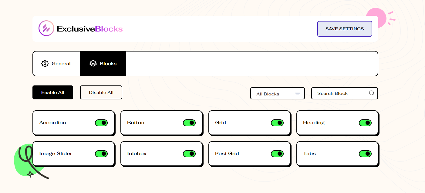 Dashboard area to enable or disable Blocks.