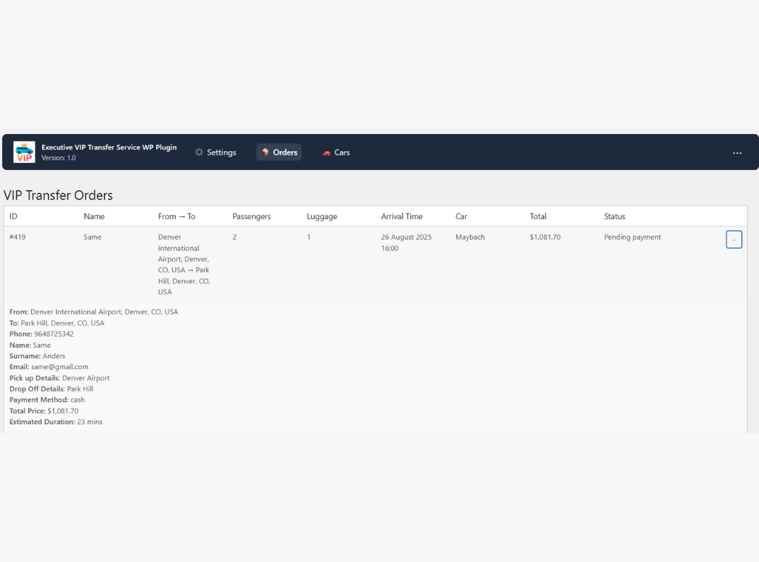 Admin settings panel