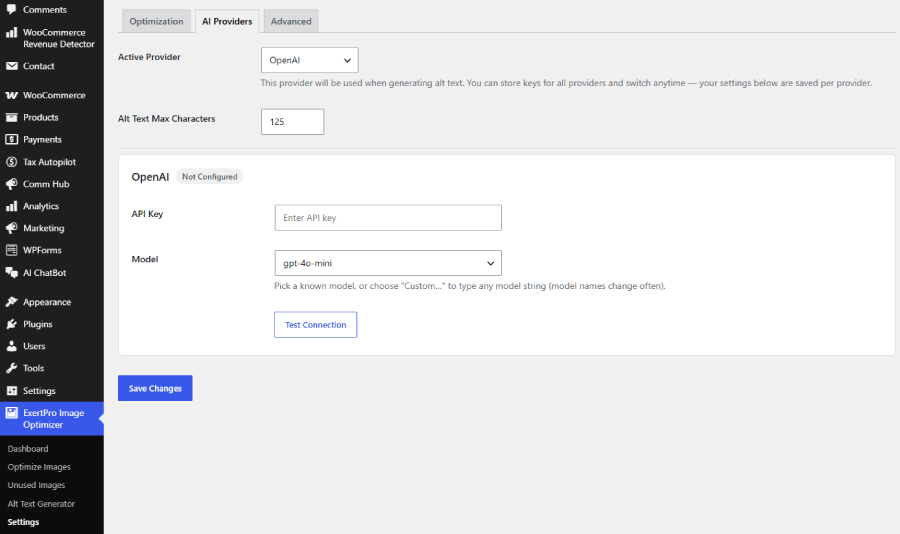 AI-powered alt text generation with provider selection.