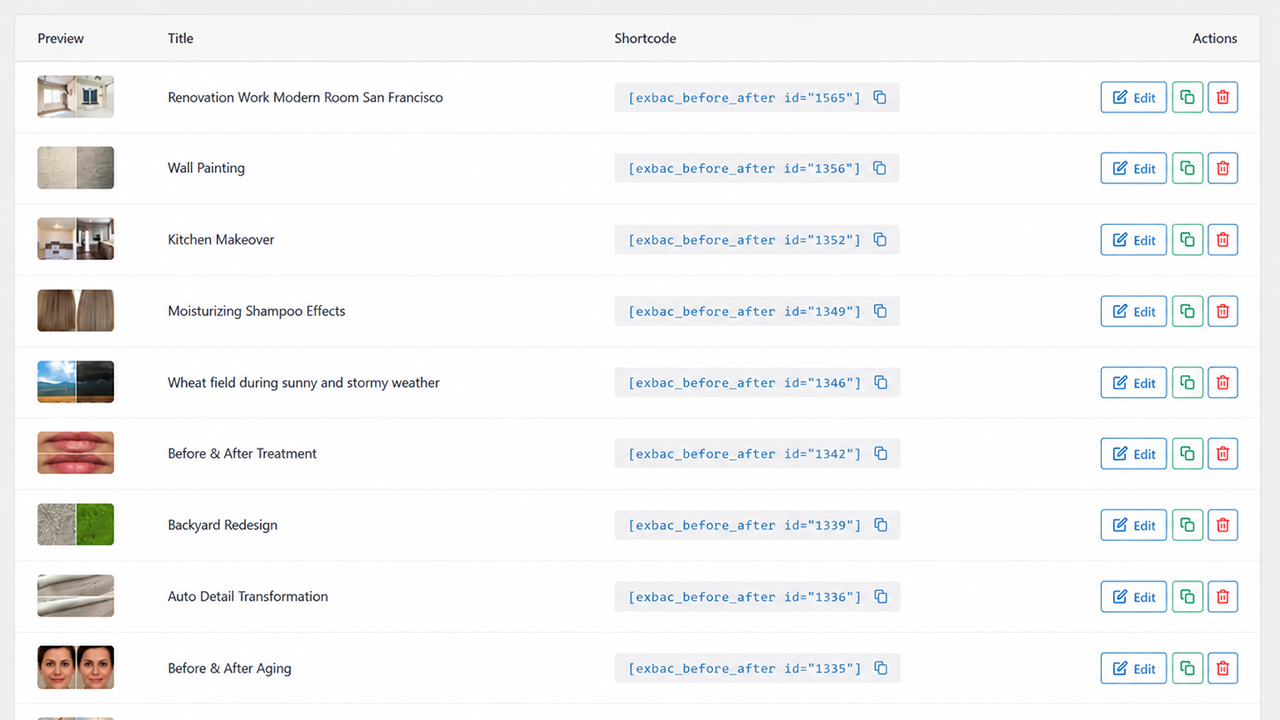 The Slider Dashboard where you manage your image comparisons.