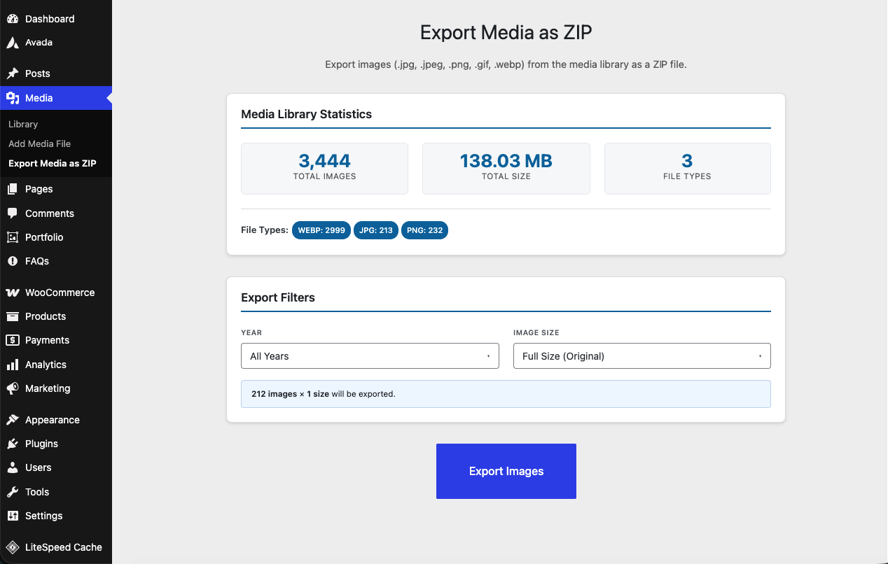 Export page with Year and Image Size filter dropdowns