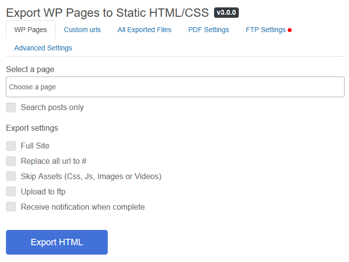 Default settings page layout of the plugin.