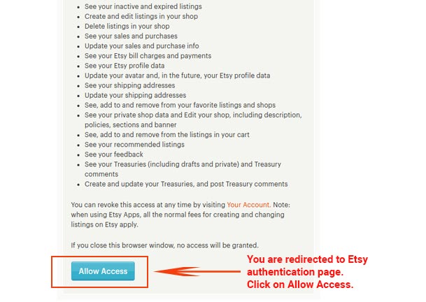 Click on Allow Permissions on the Etsy permissions page