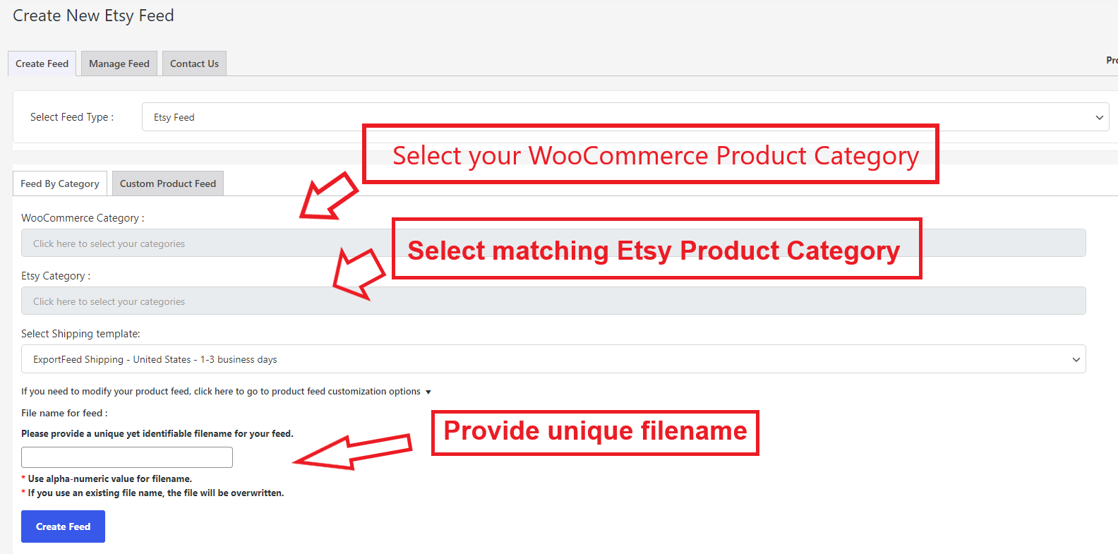 Select your WooCommerce category & corresponding Etsy category. Then give name for feed file.