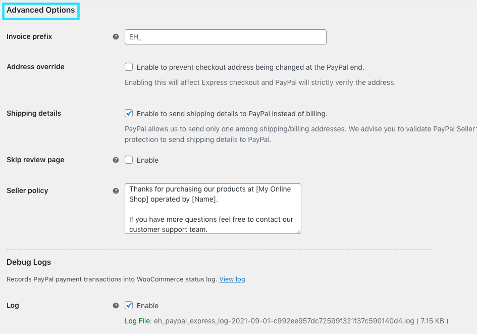 PayPal payment-advanced options