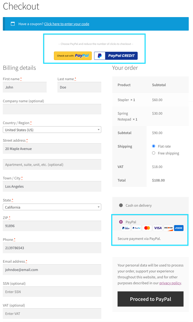 PayPal Express button-Checkout page view