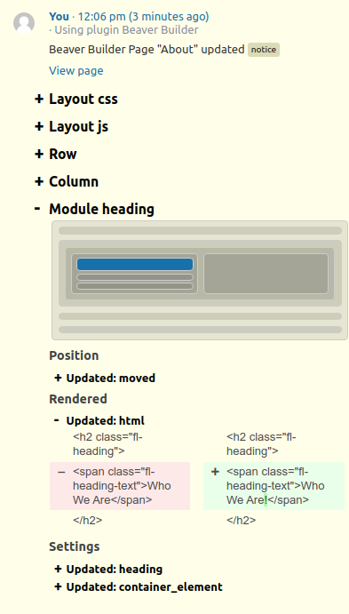 In the Settings section, each updated setting is included. This information can be helpful in seeing what was changed, but can also be a little unclear on its own. It may be helpful to review the updated settings in conjunction with the updates in the Rendered section.