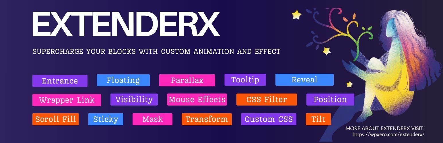 WordPress 外掛 ExtenderX | Add Powerful Animation and Effects to Core and Third-Party Blocks 的封面圖片。