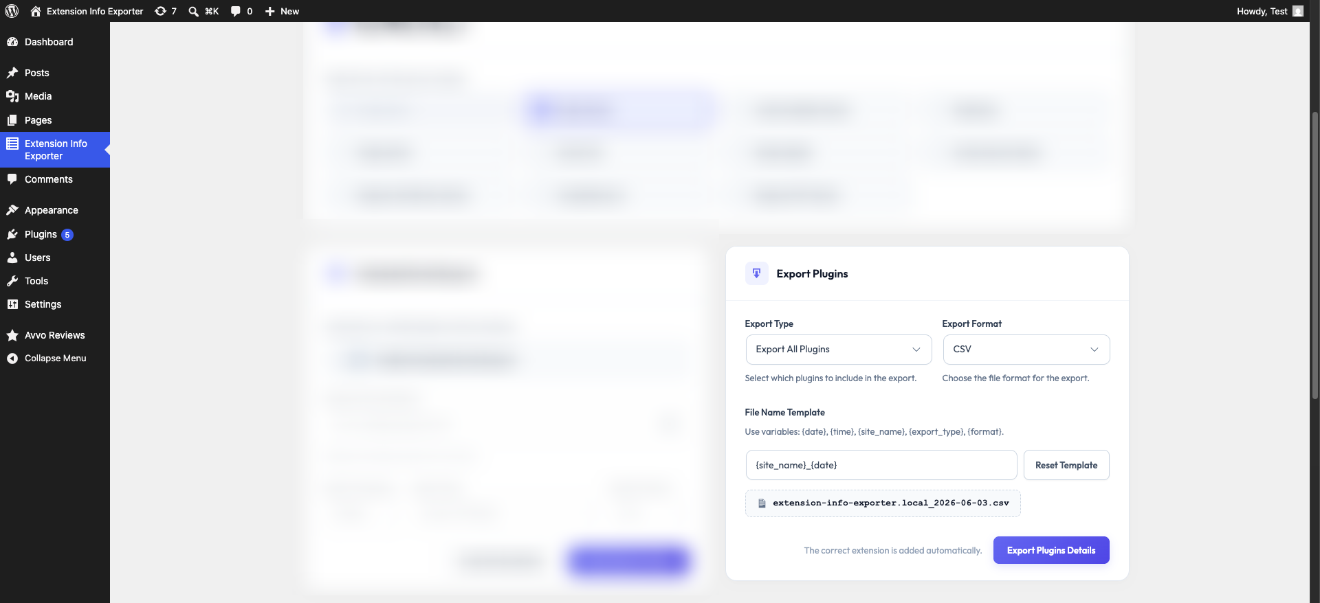 Export Settings – Configure export type, format (CSV, JSON, TXT, XML, PDF), and customize filename with dynamic variables and live preview