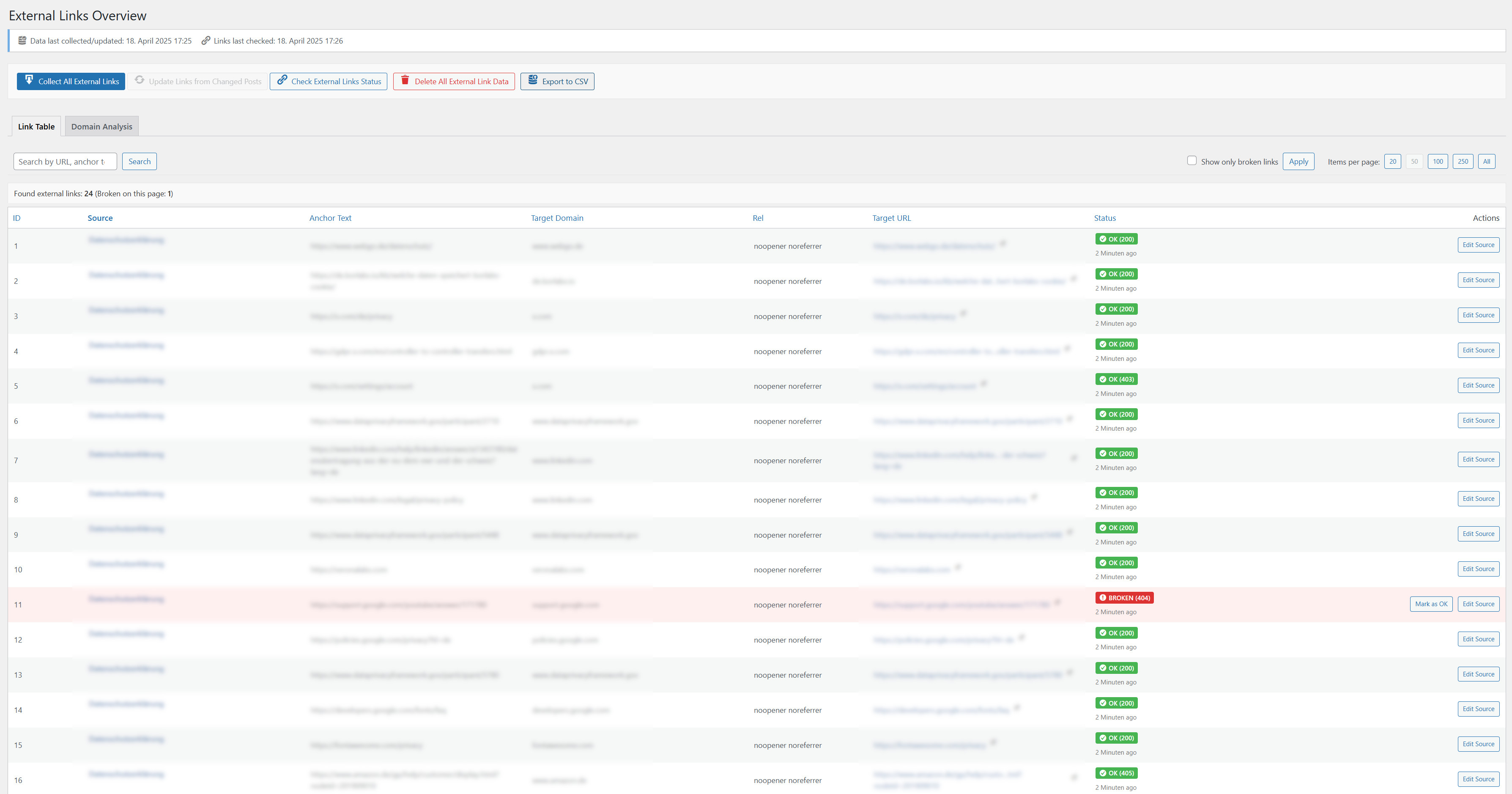 Link Table: The main "Link Table" tab, displaying all found external links with details (including Rel attribute and the new Target column), search/filter options, and actions. (corresponds to screenshot-1.*)