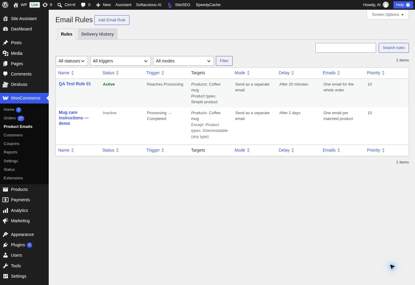 The rules list, showing each rule's trigger, targeting, delivery mode and status.