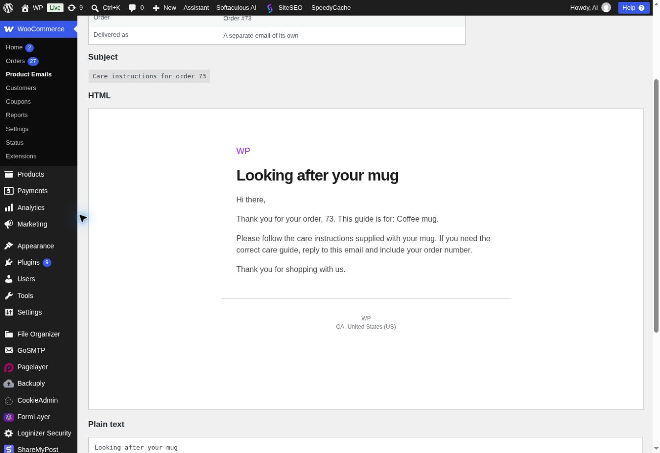 The preview screen, showing what a rule would send for a real order.