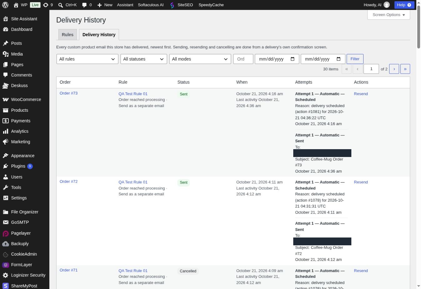 The delivery history screen, listing each delivery with its rule, order and
status, and every attempt with its recipient, subject and outcome.