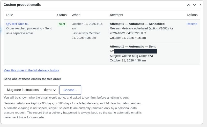 The "Custom product emails" panel on the order edit screen — this order's
deliveries, and the control that sends one of them by hand.