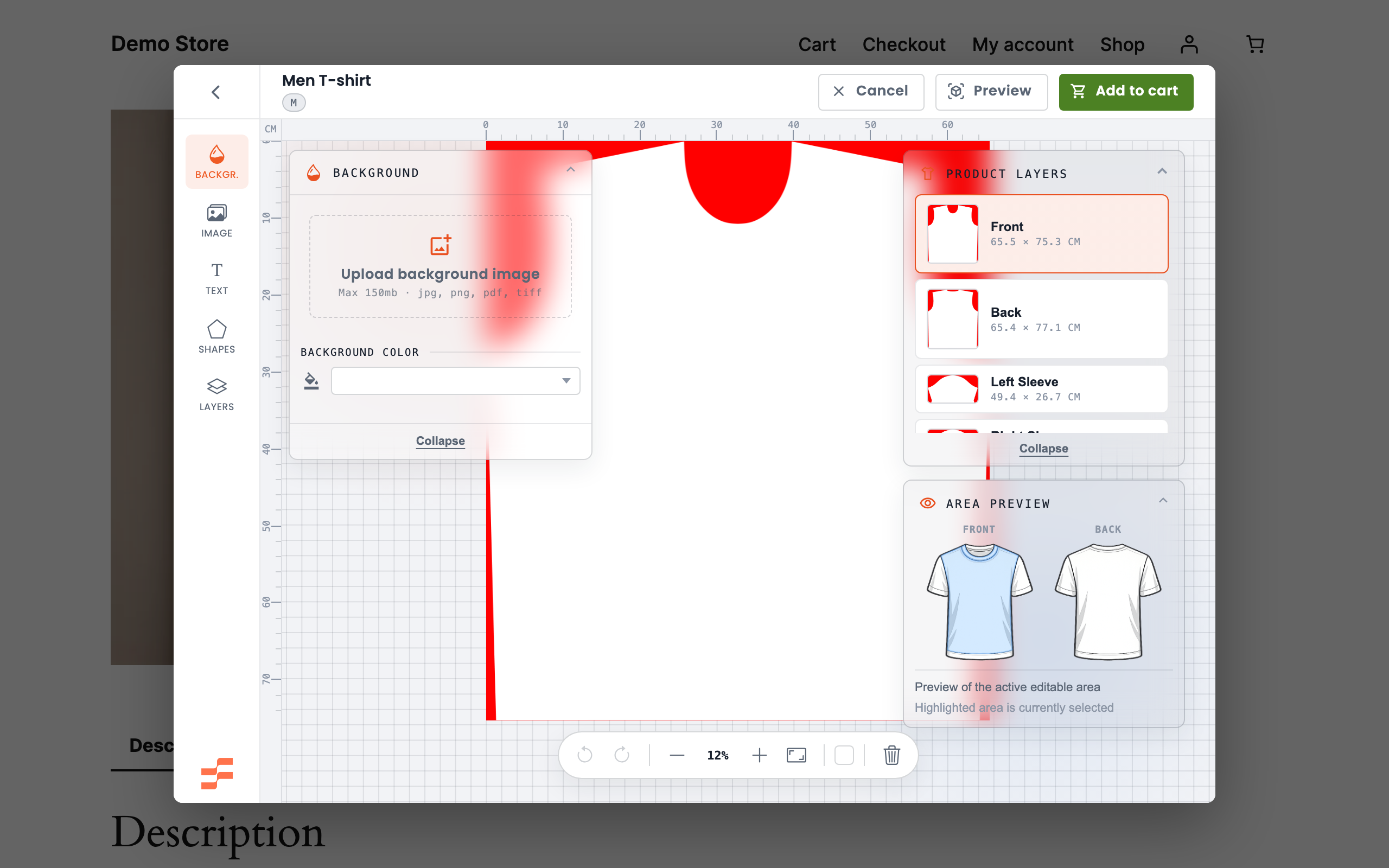 Fabrixa Studio open over the shop: the shopper designs the item without leaving the page.