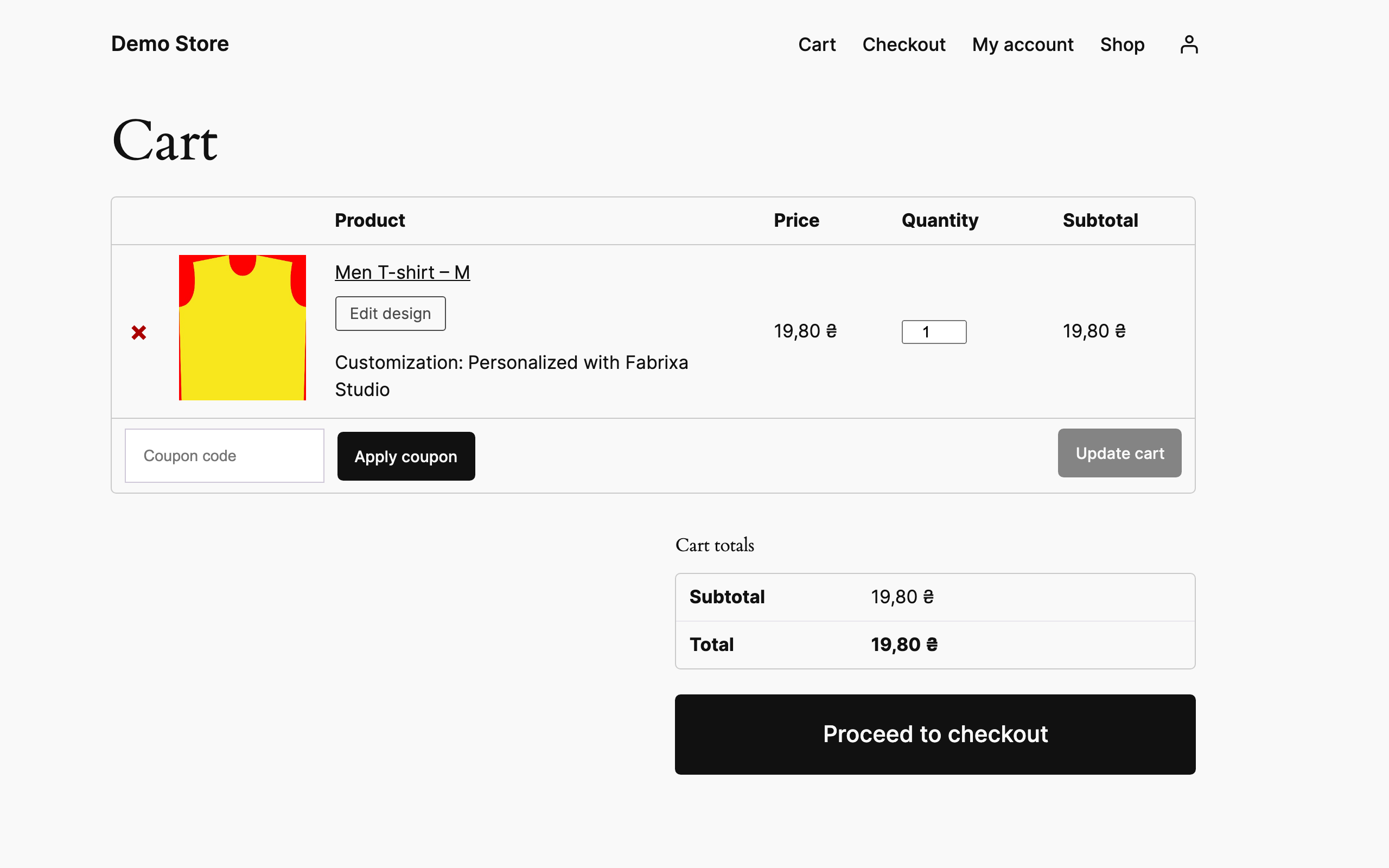 The cart shows the design preview in place of the product photo, with an Edit design button.