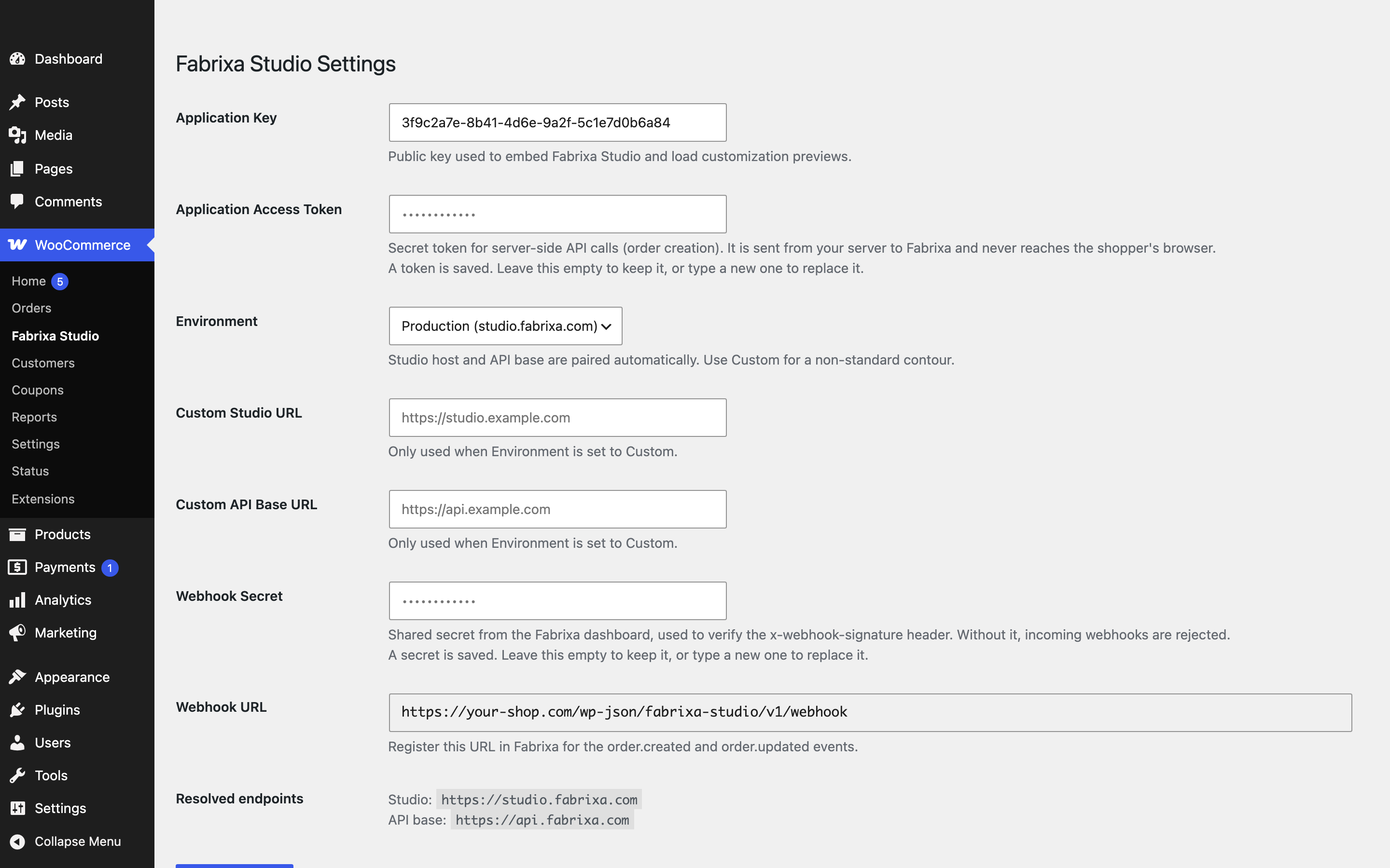 Settings: Application Key, Access Token, Environment, Webhook Secret and the Webhook URL to register in Fabrixa.