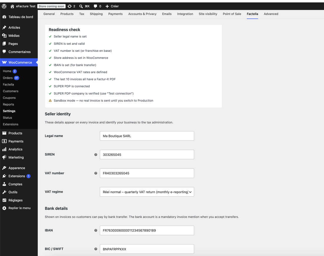 Seller settings and the readiness check under WooCommerce > Settings > Factella, including the SUPER PDP connection.