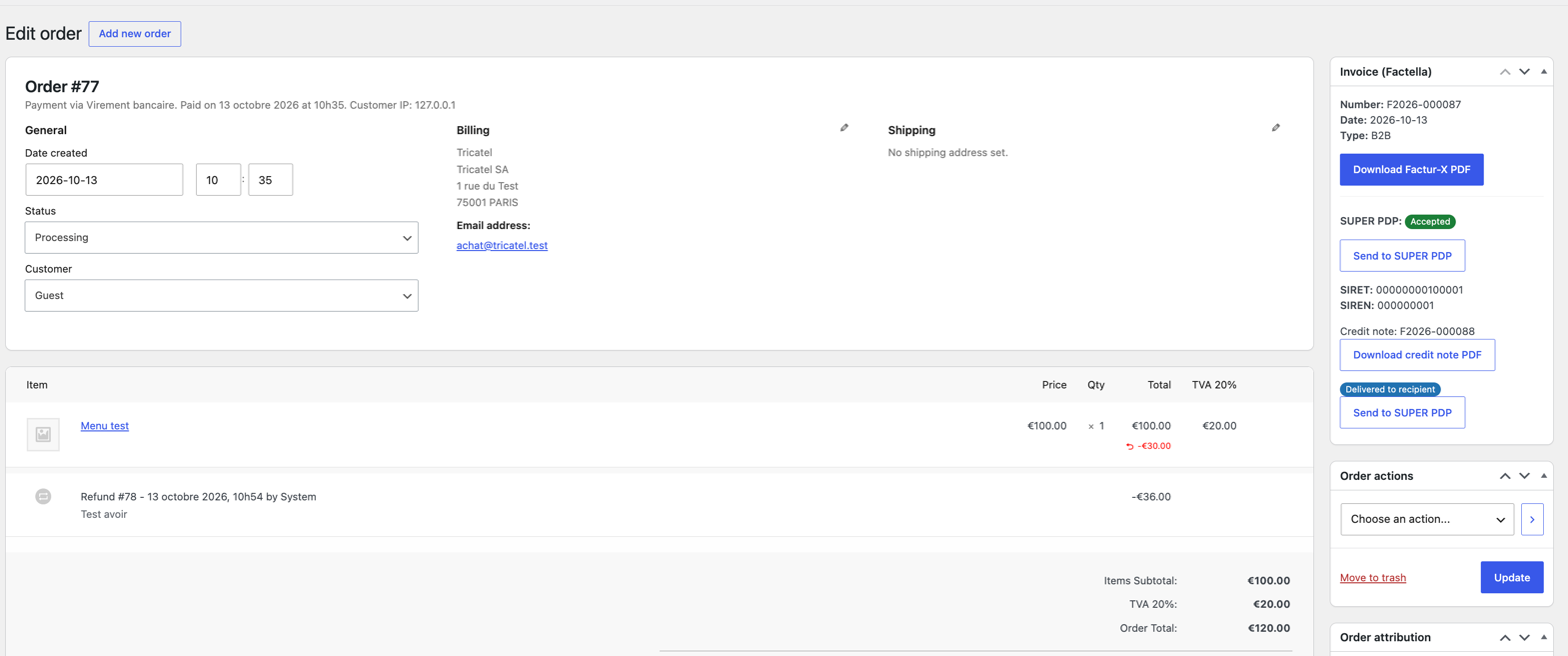 The invoice box on the order screen: Factur-X download and the SUPER PDP transmission status (sent, delivered, accepted).