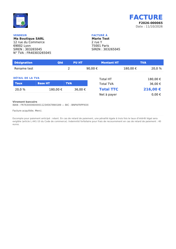 A generated Factur-X invoice (PDF/A-3 with embedded EN 16931 XML).