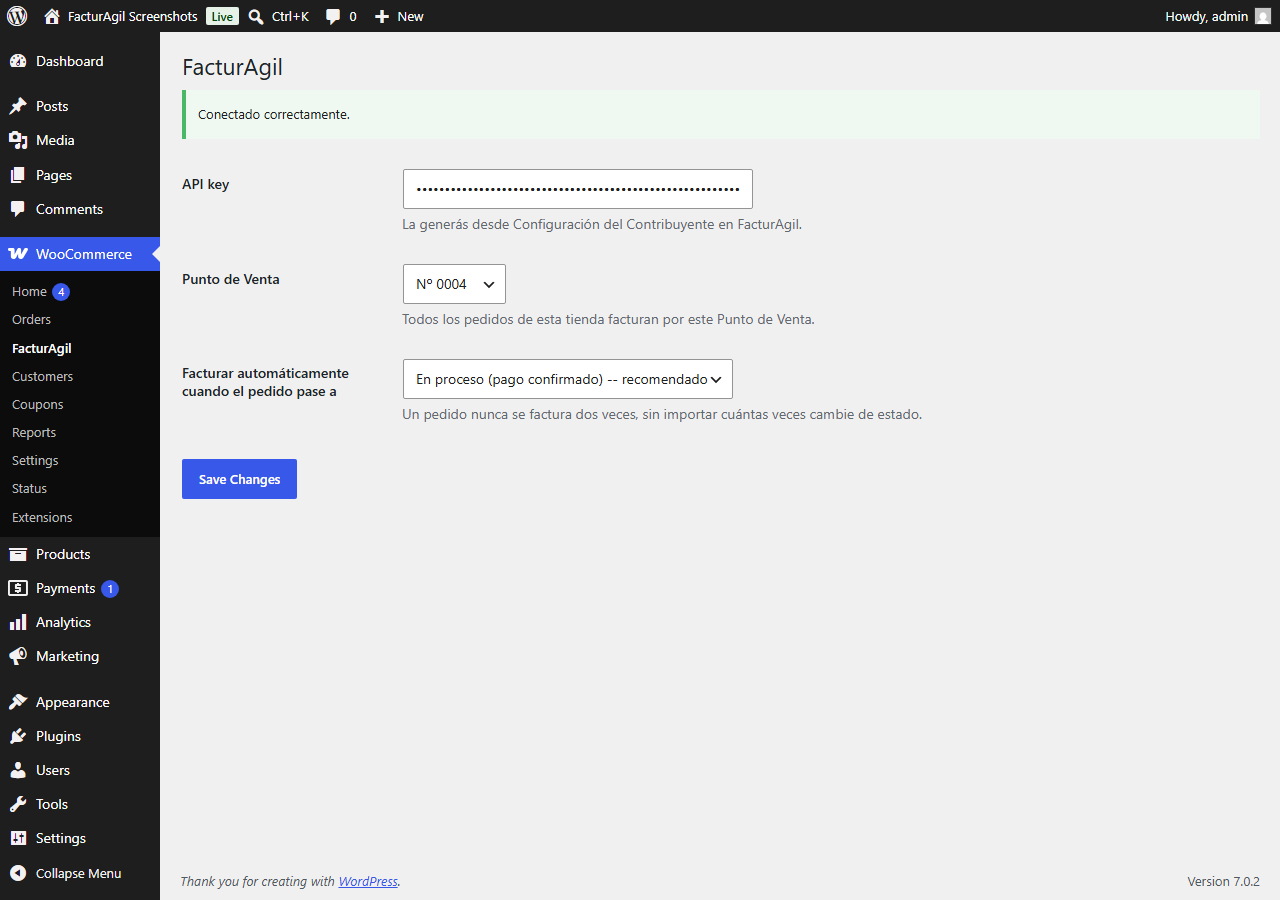 Settings screen (WooCommerce > FacturAgil) -- API key, Point of Sale, and when to trigger invoicing.