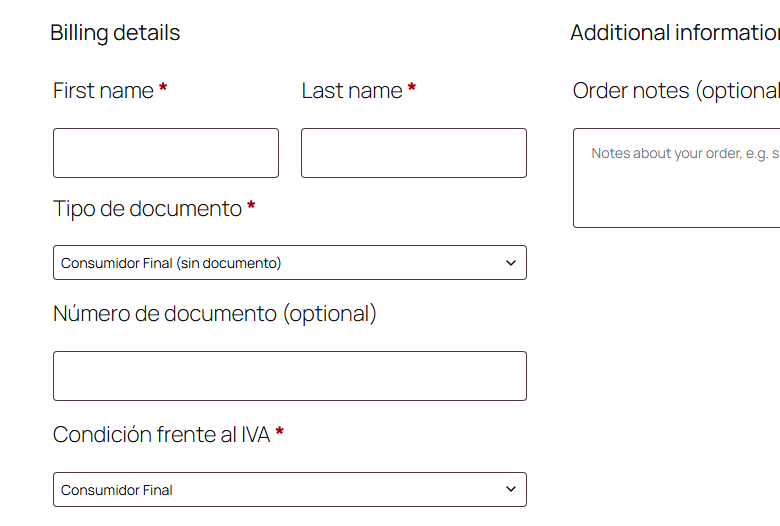 New fields on the classic checkout -- document type and number, VAT status.