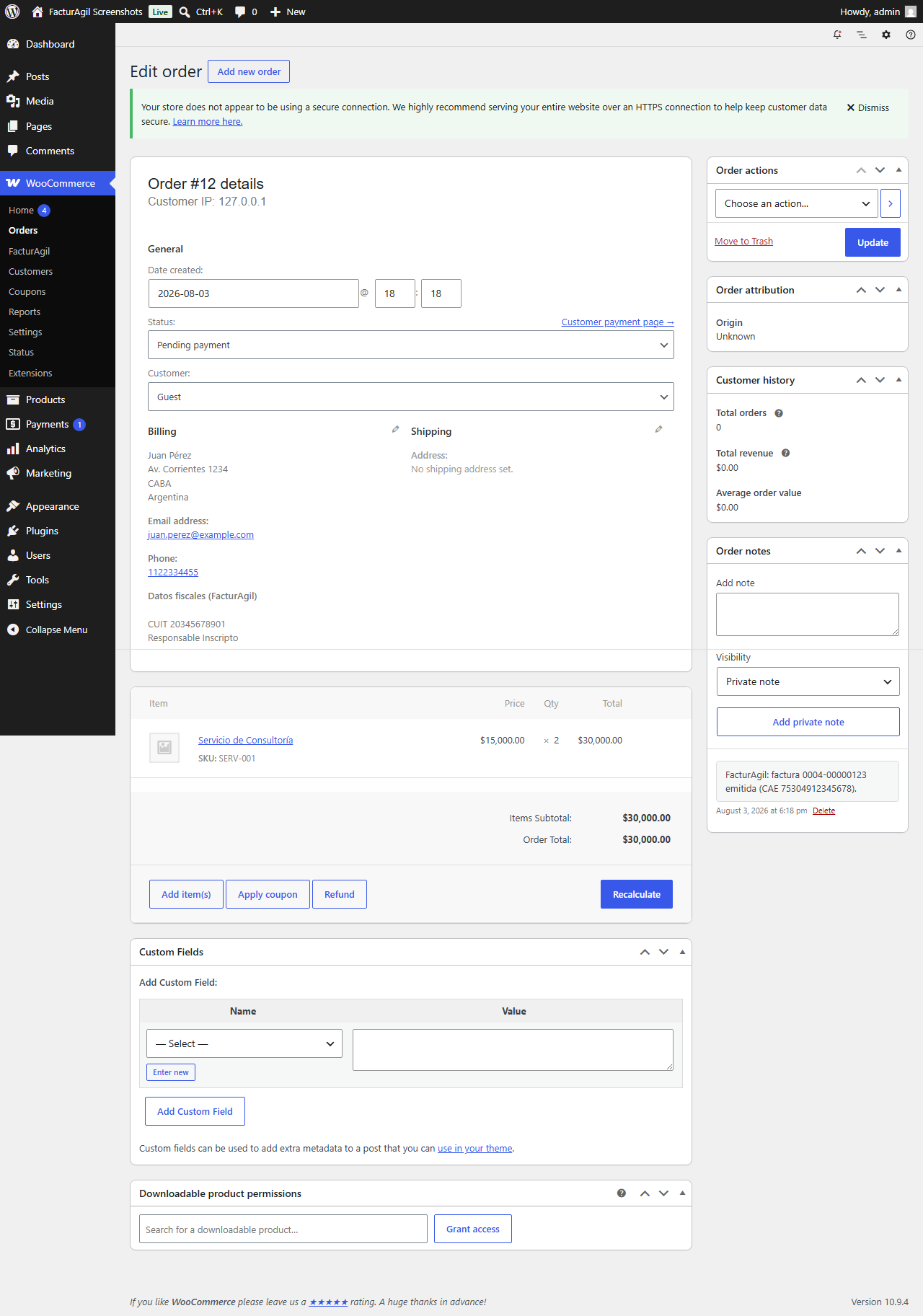 The order in the WooCommerce admin, with the buyer's tax data and the "invoice issued (CAE ...)" note.