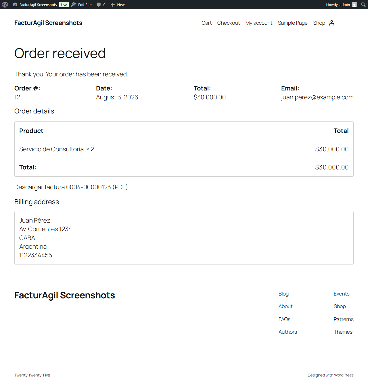 The buyer downloads their invoice as a PDF straight from the "order received" / "My account > Orders" screen.