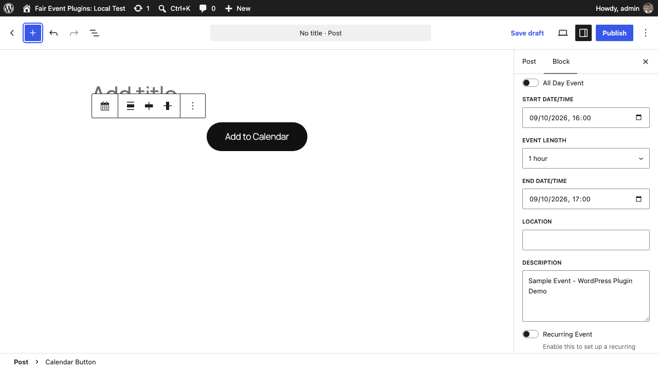 Calendar button block in the Gutenberg editor