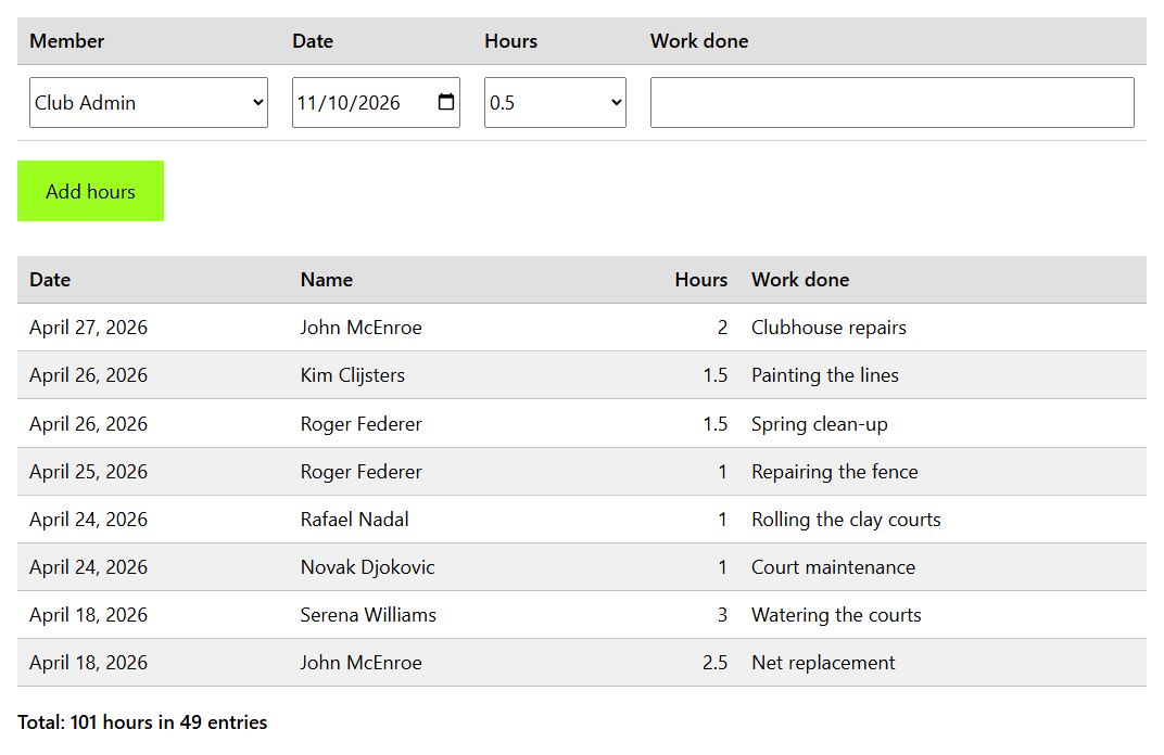 The Volunteer hours form and list: members record their own hours, administrators and editors record them for anybody.