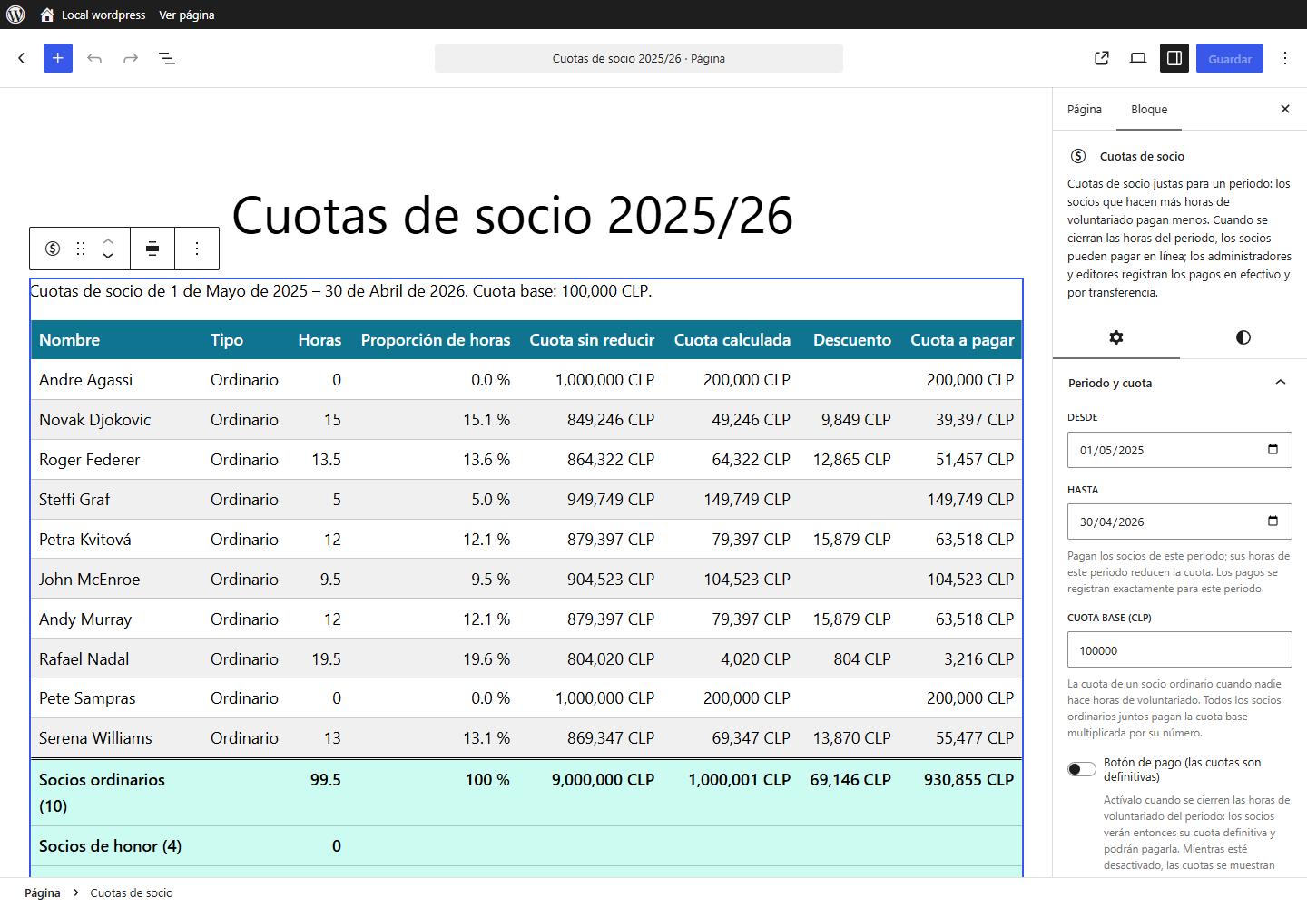 Todas las opciones de los bloques están en los ajustes del bloque: el periodo, la cuota base, el descuento, el botón de pago, las columnas, los nombres y los colores de la tabla.